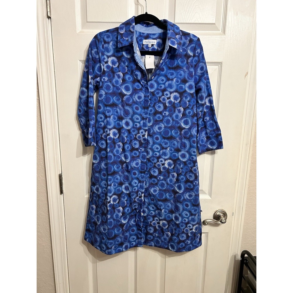 Perlavera XS Dress Blue Pattern Button Up Collar Cotton Preppy Comfort Chic‎
